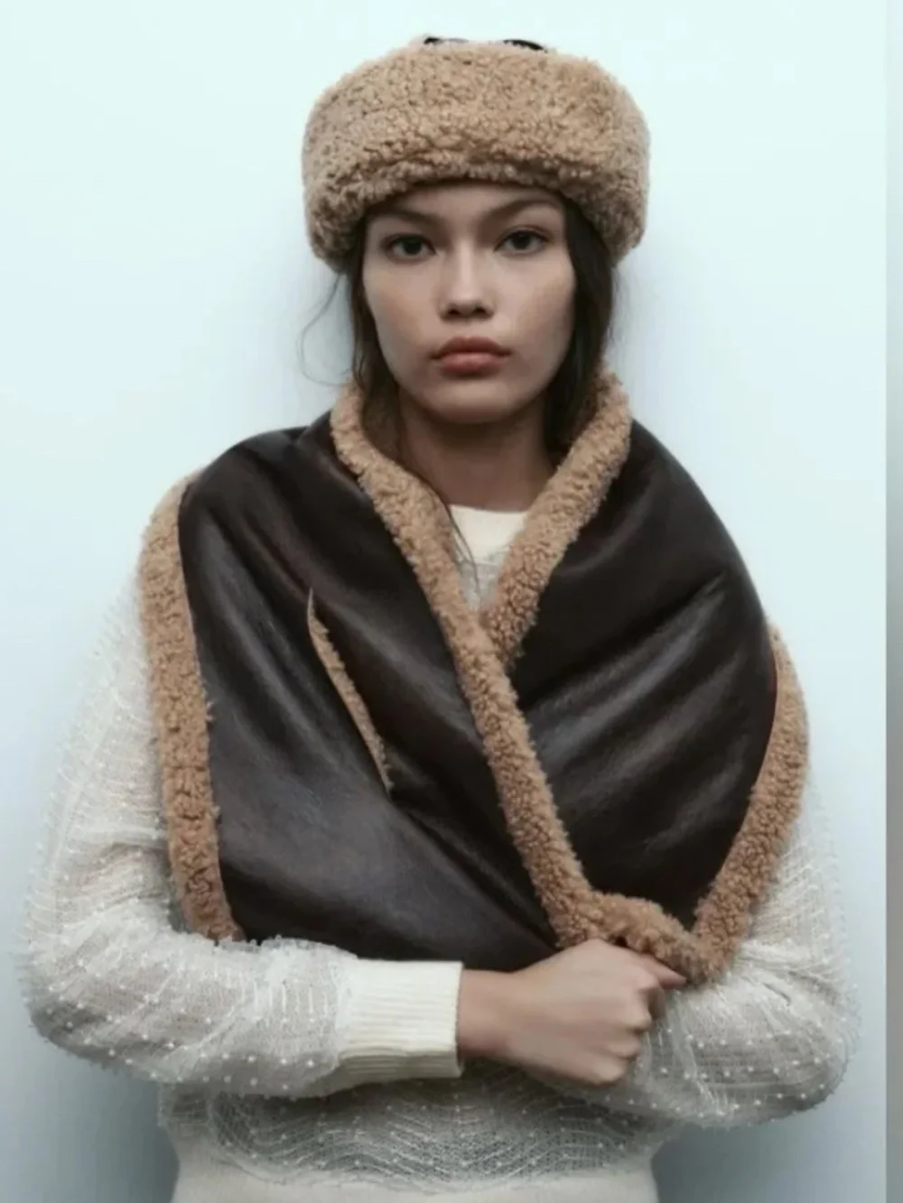 NWT ZARA DOUBLE FACED FAUX SHEARLING LEATHER EFFECT SCARF